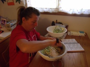 Laurie mixed up the batter.  I got to "clean" the bowl!