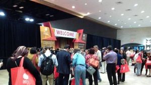 The scene outside the exhibitor's hall....