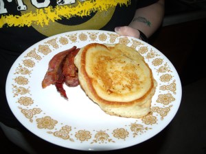 Bela loves bacon and pancakes!