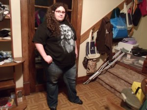 She loved her new shirt, and the jeans were  ones she couldn't wear before!